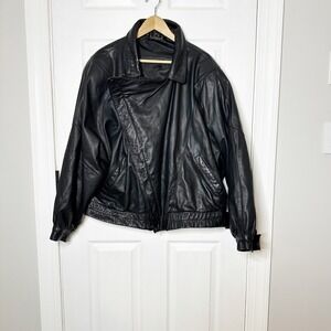 Vintage‎ Fidelity Leather Bomber Jacket Mens 44 Black Good Asymmetrical Zip 8740